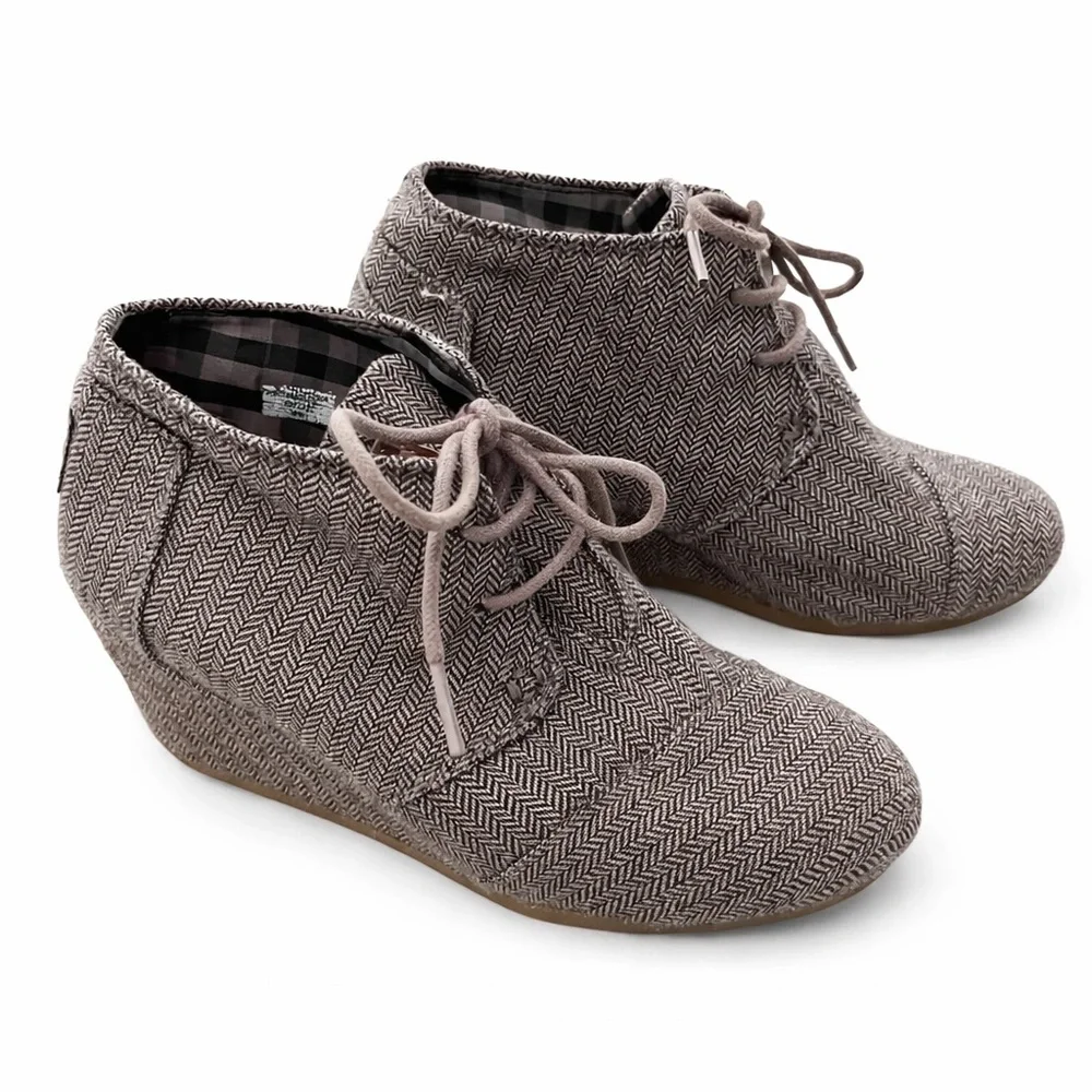TOMS Herringbone Wedge Booties Brown Gray Lace Up Desert Ankle Shoes Womens 6